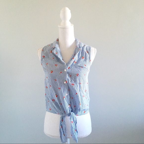 Monteau Tops - Monteau Striped Cherry Crop Front Tie Top